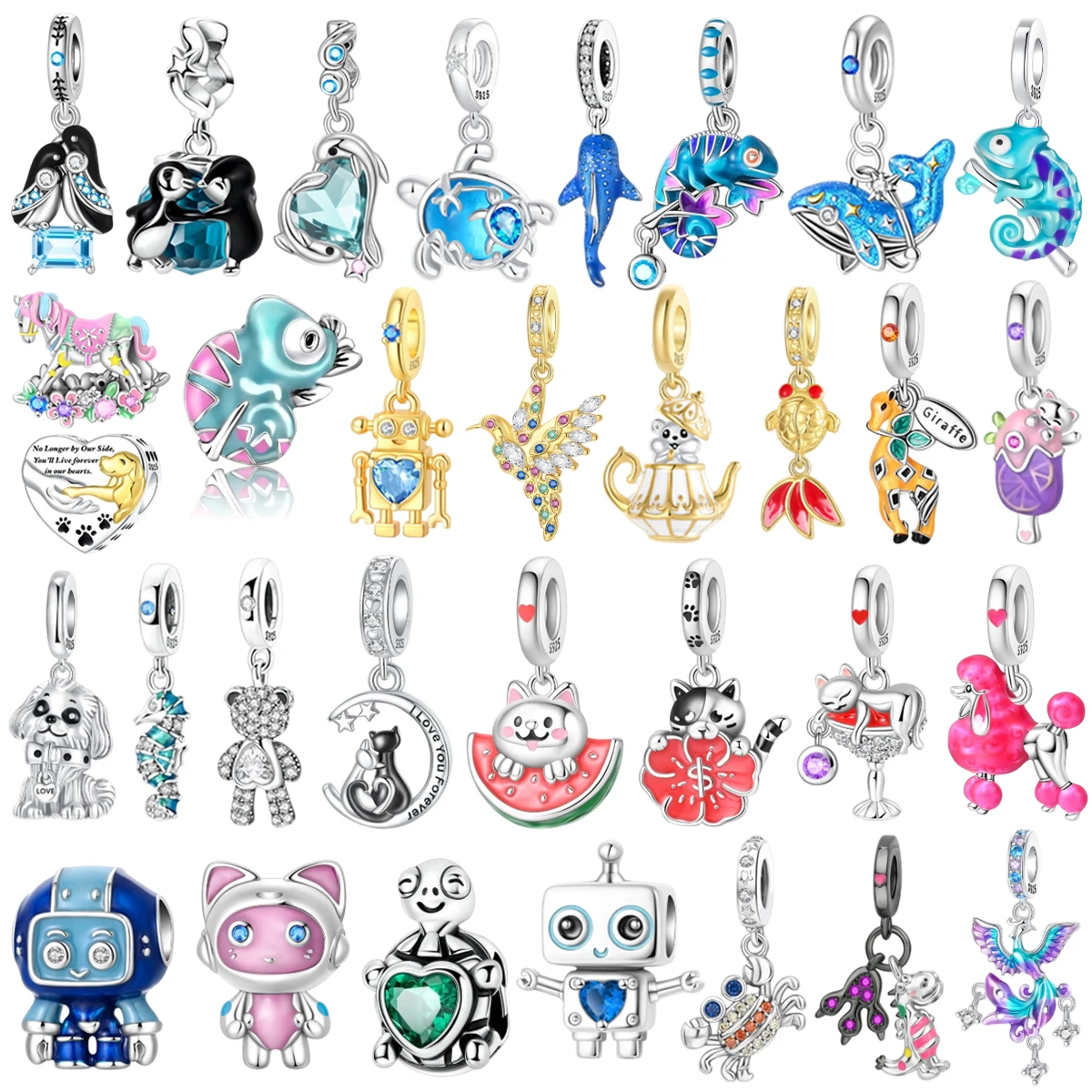 

Original 925 Sterling Silver Penguin Whale Chameleon Pendant Robot Plant Bead Decoration fit Necklaces Bracelets Jewelry Gifts