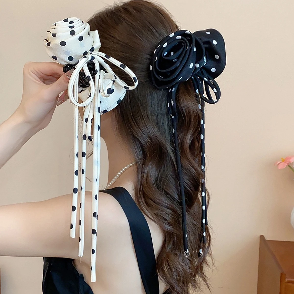 1pc Korean style retro romantic polka dot rose hairpin for women, high-end elegant ponytail grip clip with flowing ribbon bow ha