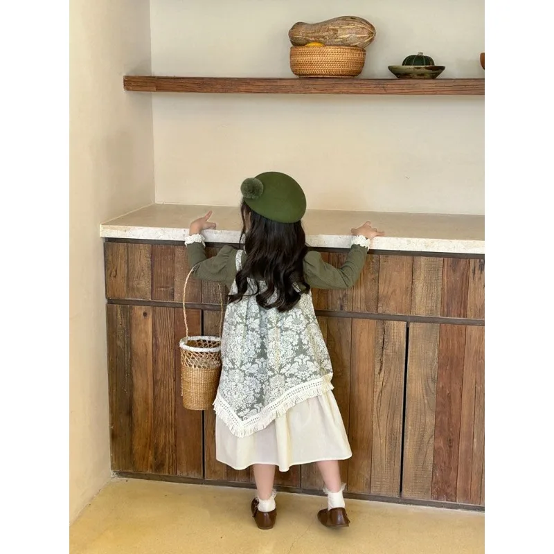 Girls' Spring and Autumn Dress 2025 New Style Children's Fashionable Tassel Pattern Splicing Strap Skirt Style