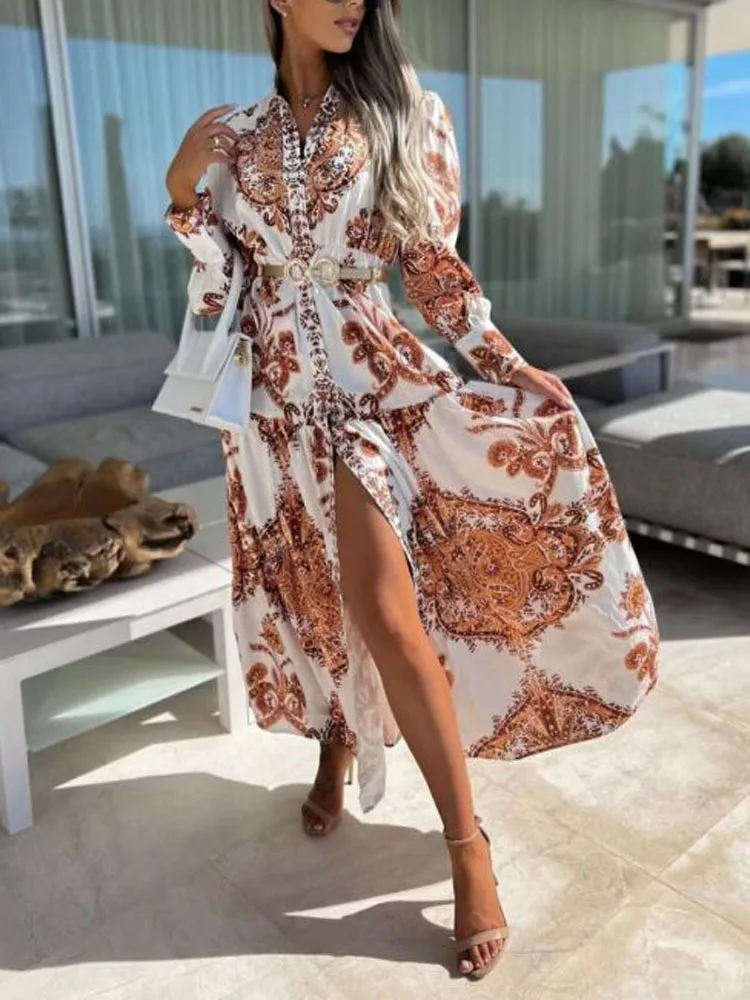 Elegant Fashion Retro Long Sleeve Party Dress women's 2024 New Spring Printed V-Neck Office High-End Temperament Dress Vestido