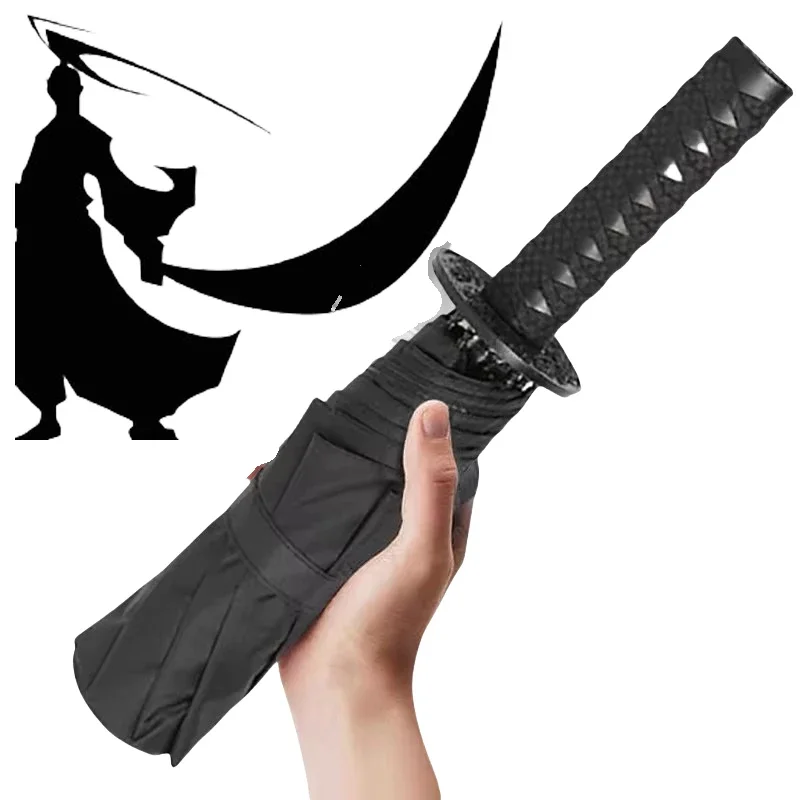 Samurai Swrod Ombrello Blocco UV Antivento Ombrellone Nero Manico Katana Giapponese Ombrello Coltello Ninja Pieghevole Demon Slayer Ombrellone