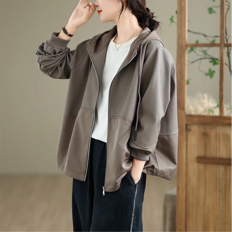 Masss Wasss 2025 Moda donna Patchwork con cappuccio PU Giacche Donna Capispalla allentato Casual Cappotti in ecopelle Giacche a vento vintage