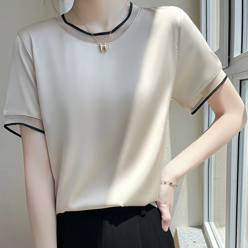 Summer New Ladies Silk Round Neck Gauze Short Sleeve T-shirt Fashion Color Matching Acetic Acid Loose Pullover