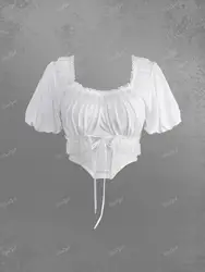 ROSEGAL Plus Size Gothic Ruched Crop Top Black Summer Sweetheart Neck Frilled Lace-up T-shirts For Women