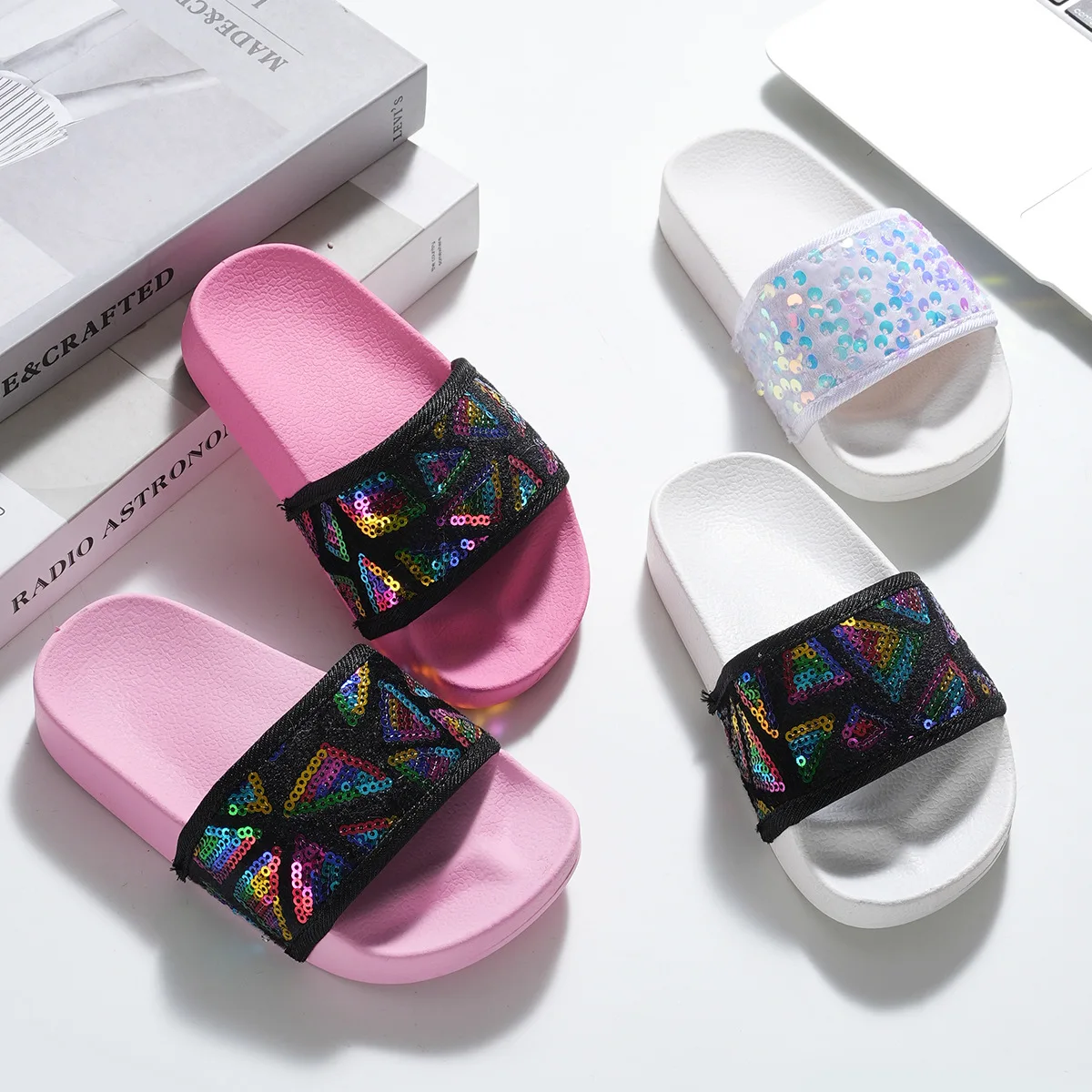 

2026 New Summer Girls All Season Slippers Sequins Soft Sole Non Slip Casual Beach Sandals For Little Kids