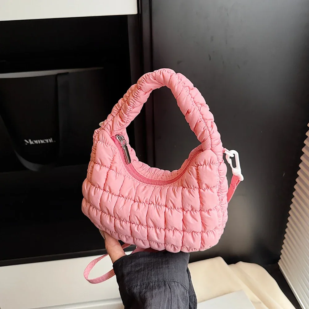 Women Soft Plaids Pleated Handbags Casual Solid Color Zipper Versatile Crossbody Bag Daily Commute All-Match One Shoulder Bags