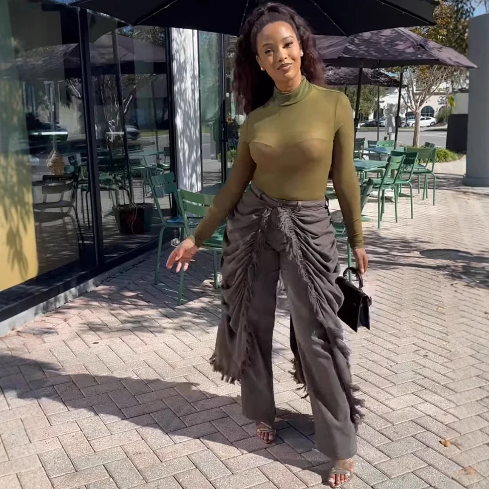 Coole Streetwear 2026 Trendige Lässige Gewaschene Hosen Jeans Damen Denim Rüschen Geraffte Drapierte Cargo-Hosen Einfarbige Damenjeans – Detail 5