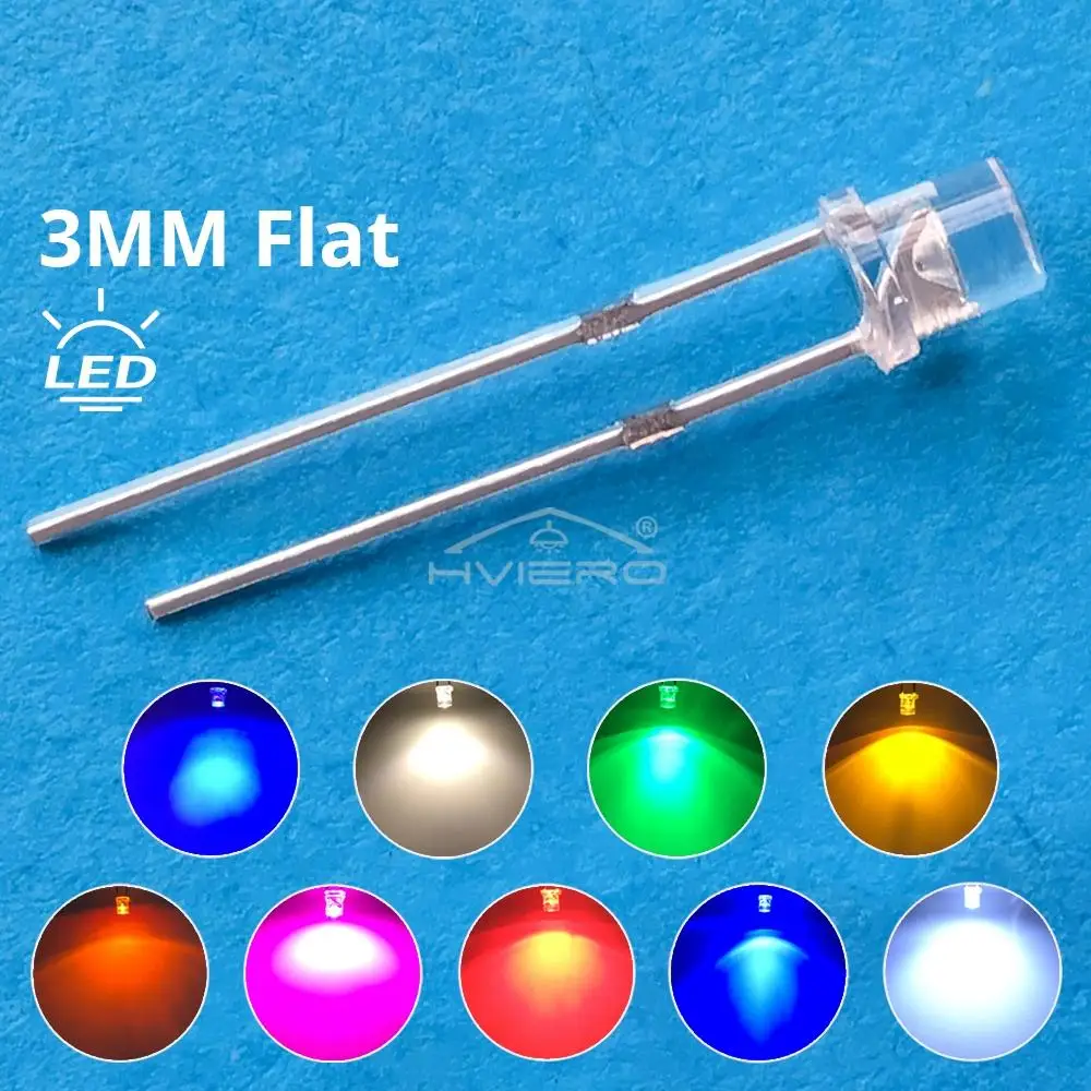 

100X F3 3mm 2pins Flat head Bright LED Decoration Bulb White Red Yellow Blue Water Clear Wide Angle Light Emitting Diode Lamp