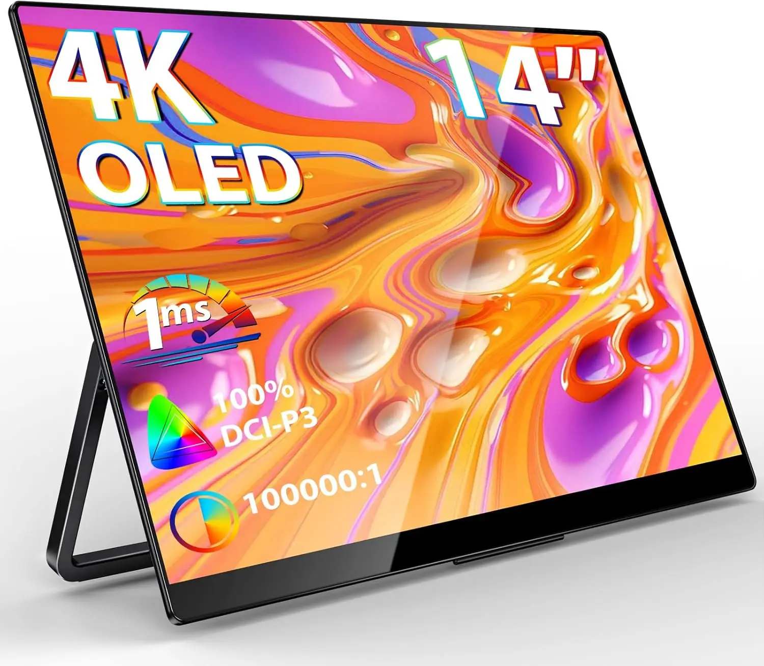 

14-дюймовый портативный OLED-монитор с 4K UHD дисплеем, высокой контрастностью, встроенными динамиками для ноутбуков, ПК, Mac, телефонов и игр