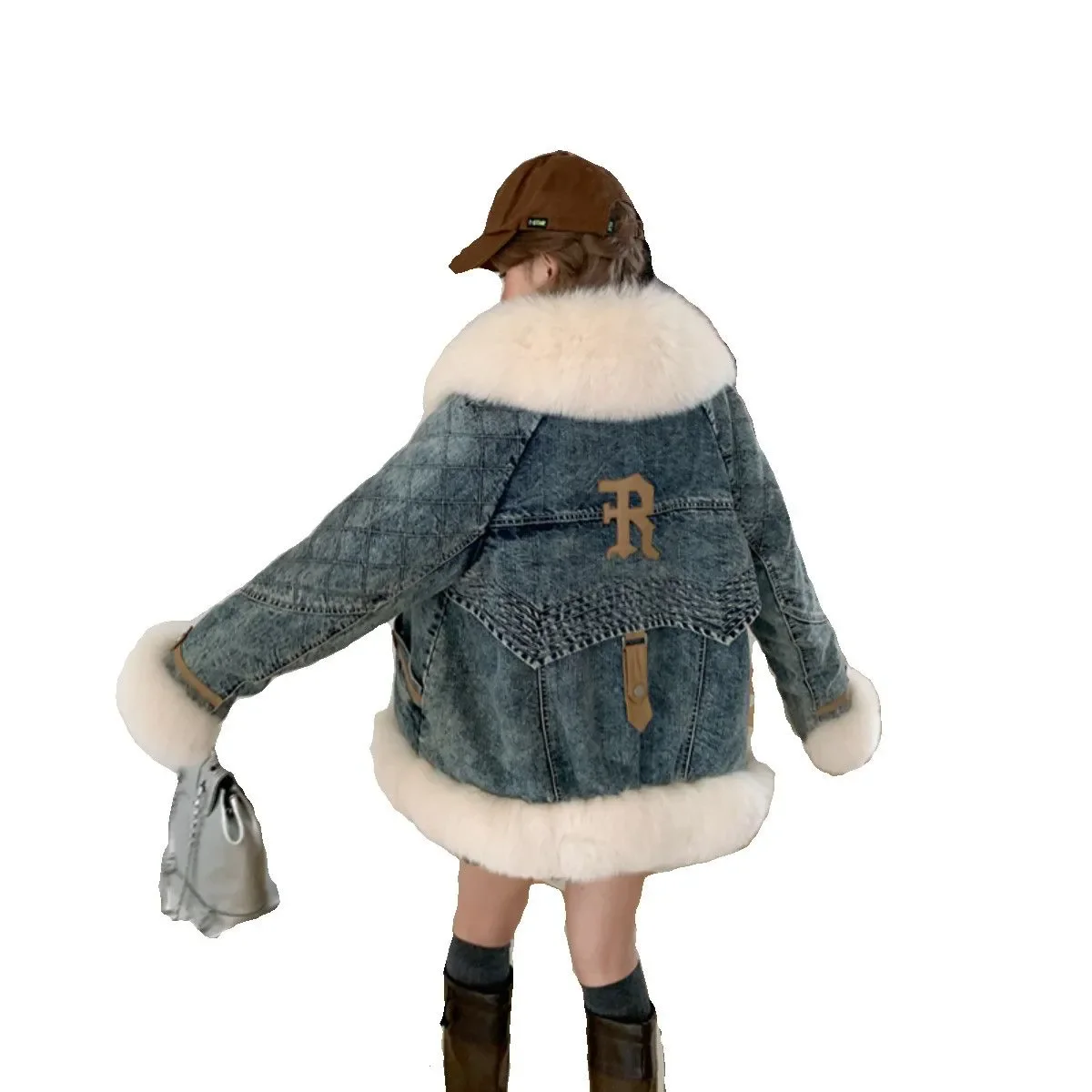 Stylish Autumn Winter Women Parka Coat Warm Denim Overcoat Faux Fur Collar Qulited Jacket Casual Warm Coat Female Outwear