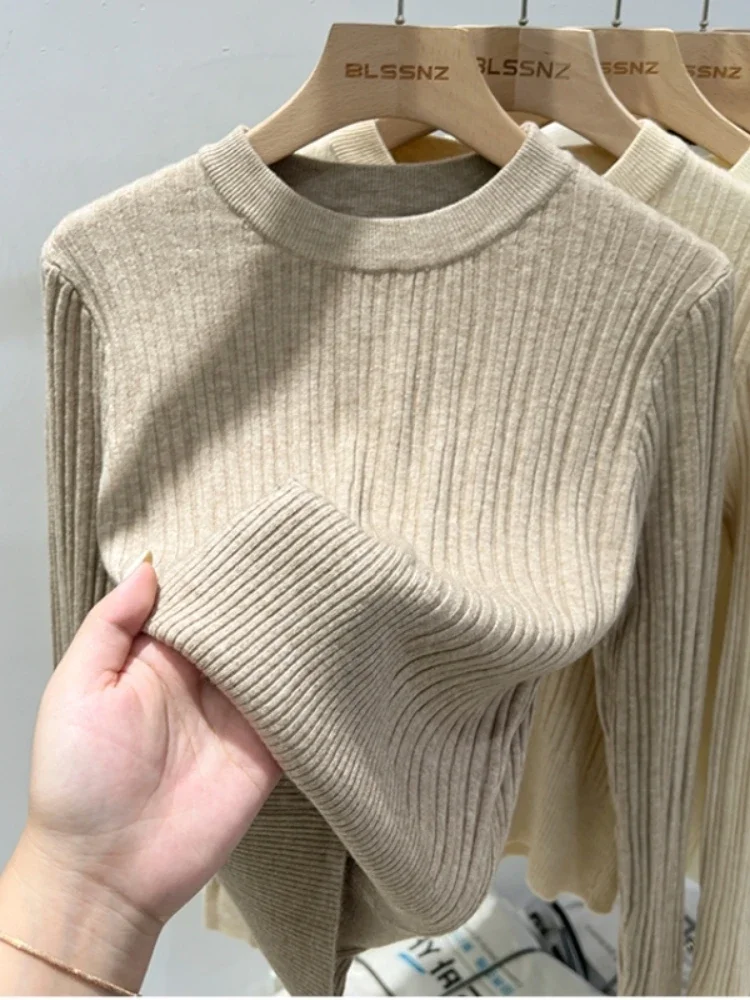 เสื้อสเวตเตอร์ไหมพรมสไตล์วินเทจเกาหลีลำลองสำหรับผู้หญิง แขนยาว คอทรงกลม สีพื้น ทรงเข้ารูป ใส่ได้หลายโอกาส สำหรับฤดูใบไม้ร่วงและฤดูหนาว