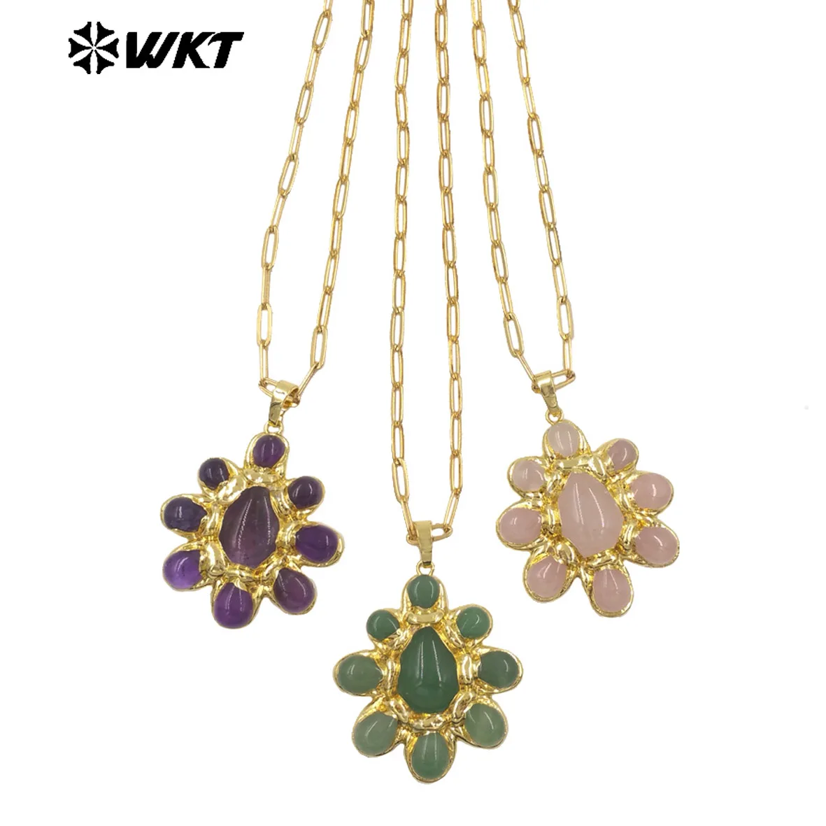 

WT-N1528 High Quality Gold Electroplated Amethyst Natural Gemstones Pendants Necklaces For Women Unique Jewelry Present