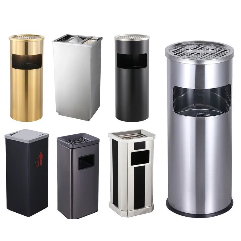 Round Ashtray Outdoor Stainless Steel Waste Bin Public Place Garden Standing Metal Square Trash Can with Ashtray