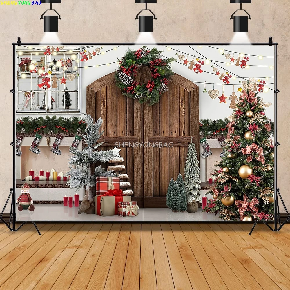 Vinyl Custom Christmas Tree Window Wreath Photography Backdrop Wooden Doors Snowman Cinema Pine New Year Background Prop ANT-05