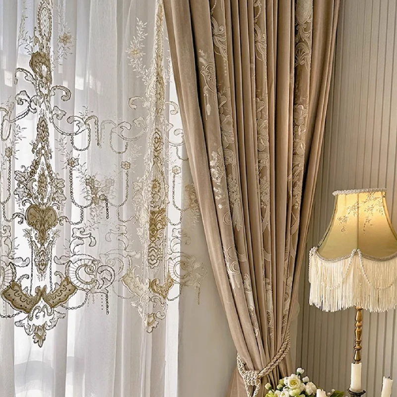 Customised Lace Embroidery Milk Tea Coloured Velvet Curtains for Living Room Bedroom Balcony Embroidered Curtains Villa Curtains