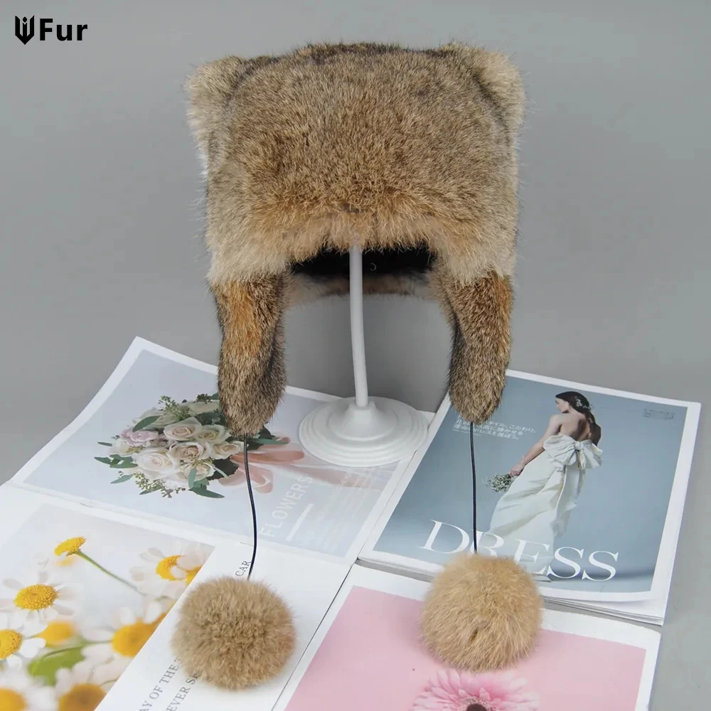 

New Style Knitted Real Rabbit Fur Hat For Women Natural Warm Rabbit Fur Caps Korean style Winter Real Rabbit Fur Skullies Cap