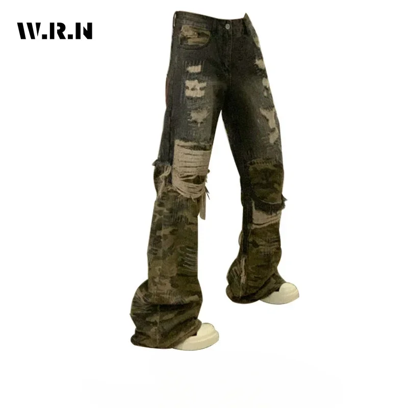 

2025 Winter Vintage Ripped Harajuku Loose Jeans Y2K Hollow Out Wide Leg Trashy Pants Women's Camouflage Baggy Denim Trouser