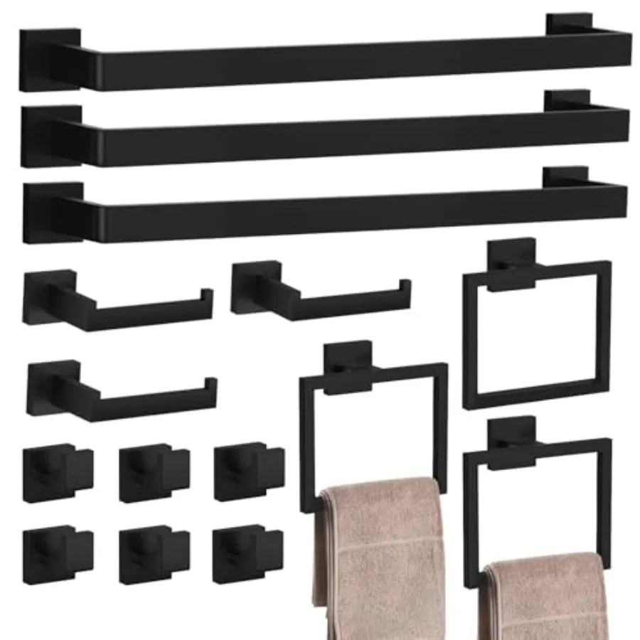 

15-Pieces Matte Black Bathroom Accessories Set 23.6 Inch Bath Towel Bar Set SUS 304 Stainless Steel Bathroom Hardware Set Towel