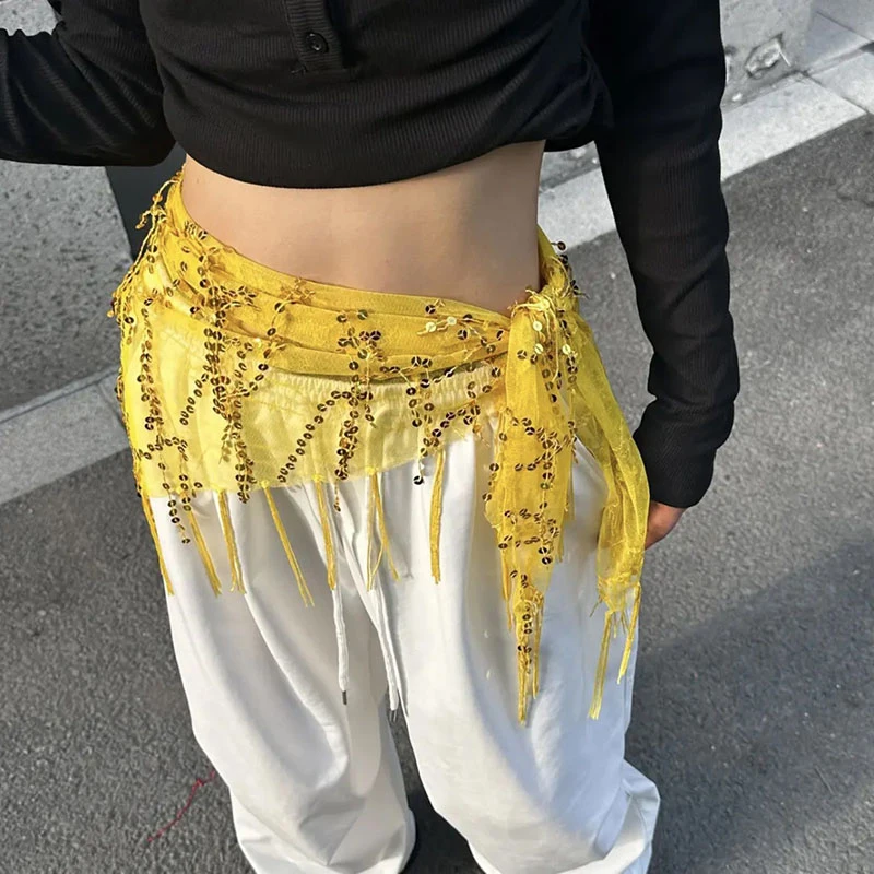 Sequin Triangle Hip Scarf With Long Tassels Belly Dance Waist Wrap Skirt Costume Accessory Performance Party Fashion Accessories