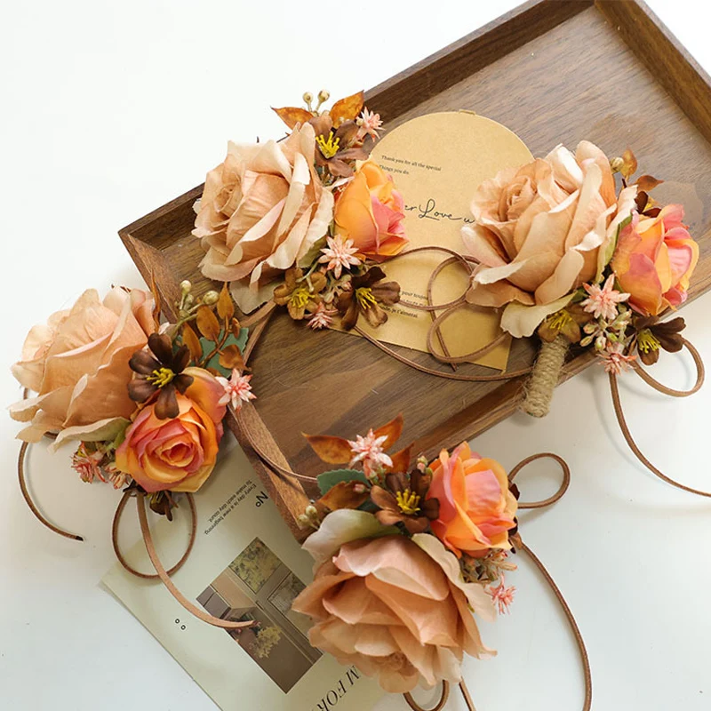 25069 روز بوتونيير للرجال، زهور صناعية لصدار المعصم لديكور الزفاف/الحفلة الراقصة/العودة للوطن، إلخ. قارب بساتين الفاكهة والكراميل