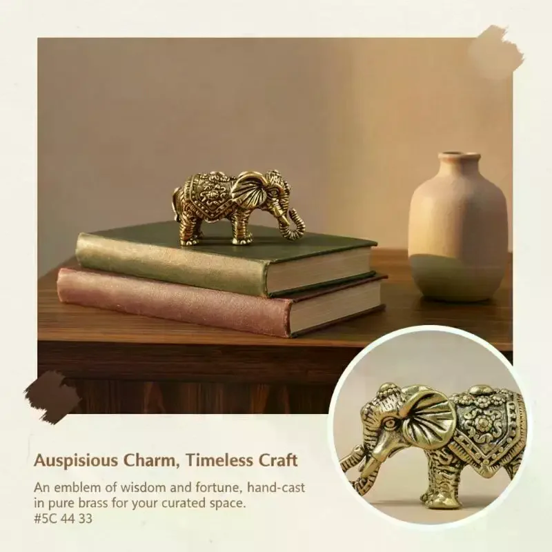 Mini Brass Auspicious Elephant Figurine Vintage Lucky Statue Desktop Decor for Tea Room Meditation Space