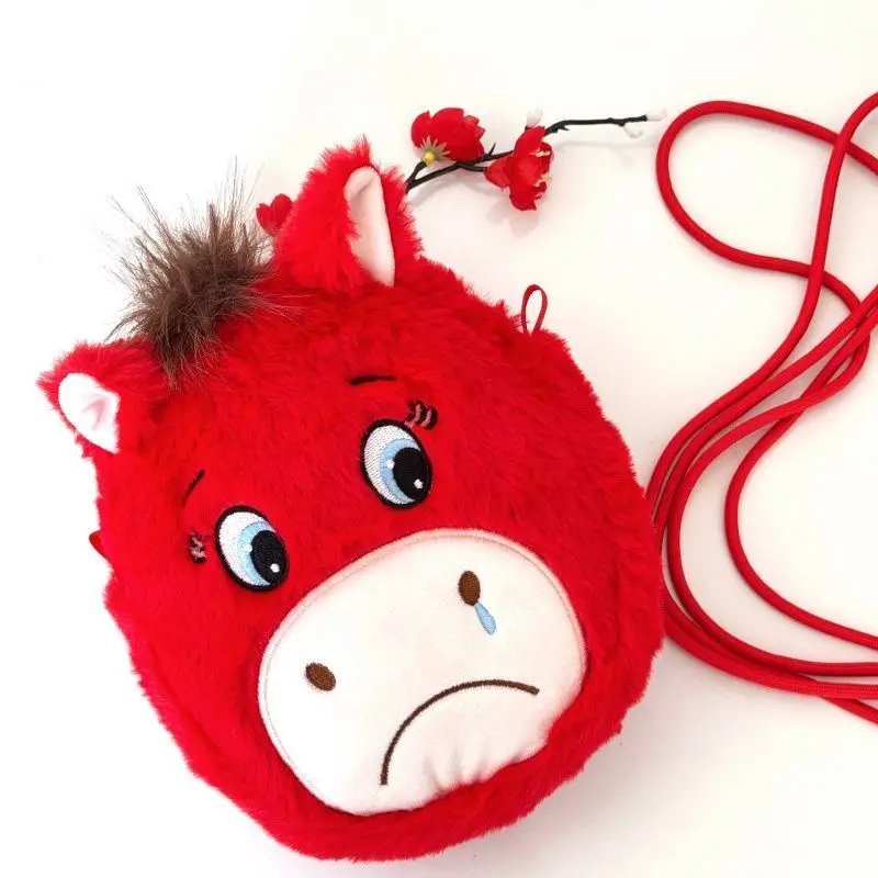 Linda Bolsa de Peluche con Forma de Caballo de Dibujos Animados, Bolsa de Hombro para Niños, Monedero de Pony Triste y Feliz, Bolsa Peluda, Regalo de Año Nuevo o Cumpleaños para Niños