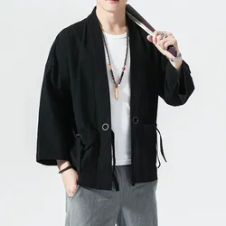 Cotton Linen Kimono Cardigan Men Japanese Obi Male Yukata Men Haori Thin Causal Samurai Clothing Traditional Streetwear Jacket