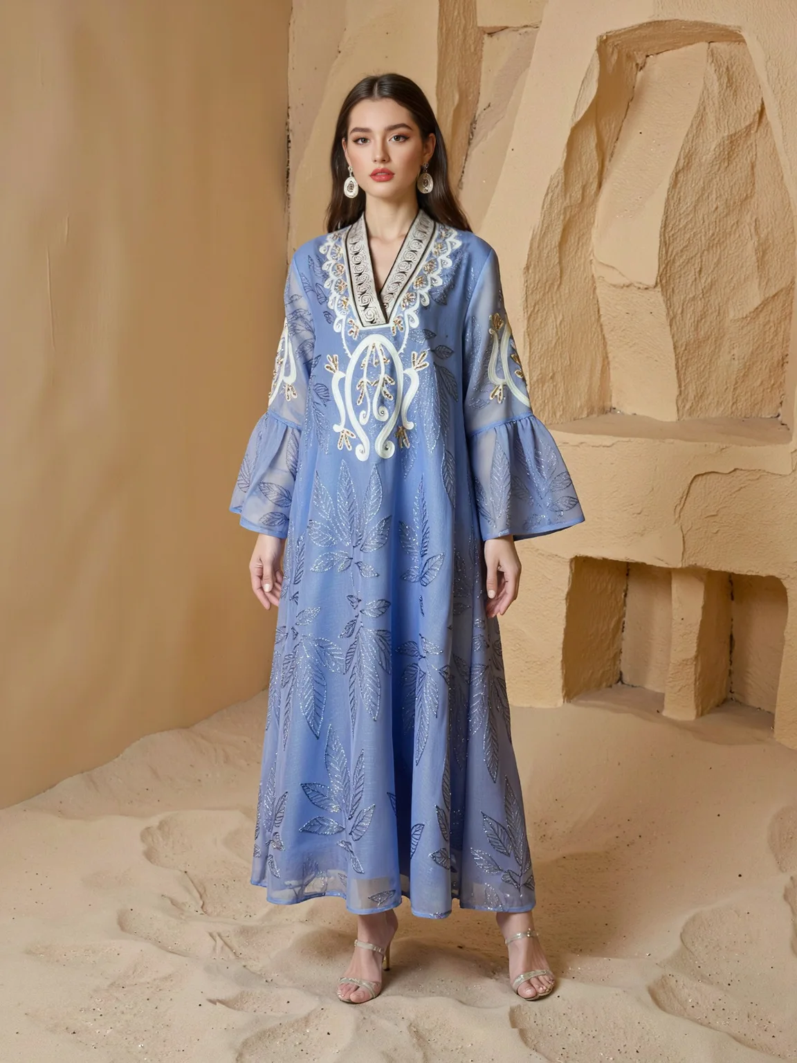 

Женское платье в винтажном стиле с цветочным принтом, длинным рукавом, V-образным вырезом и А-образной юбкой, больших размеров, для женщин Ближнего Востока