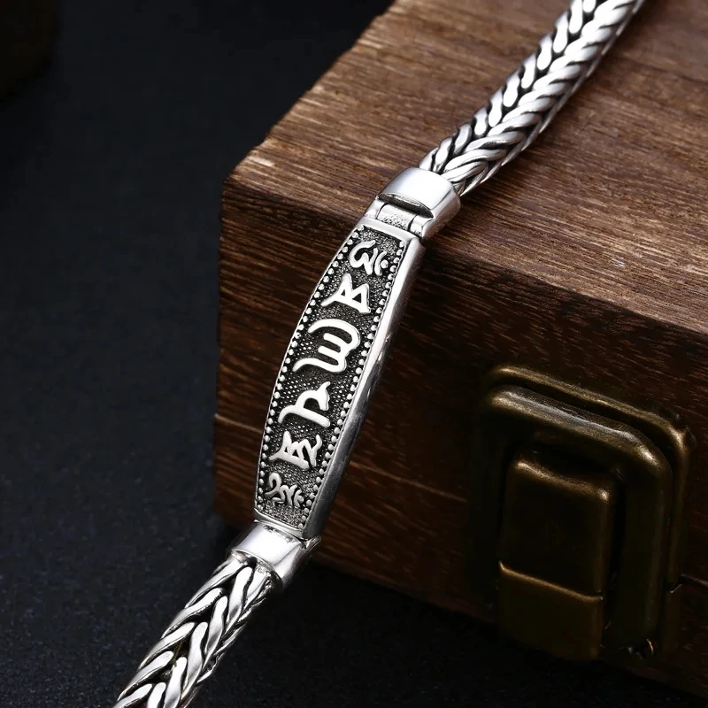 Wholesale S925 Silver Bracelet Men's Six-Character Mantra Woven Thai Silver Ladies Retro Vintage Jewelry Bangle Birthday Gift