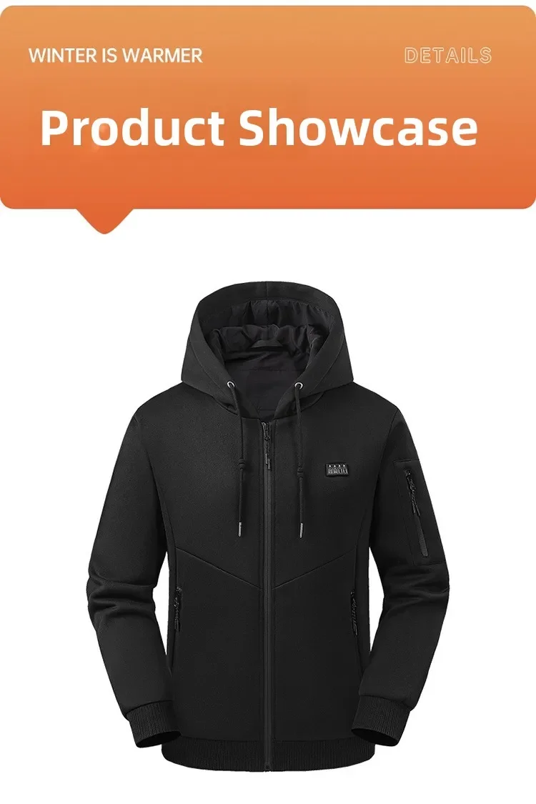 Selbstheizende Jacke für Herren und Damen, Sweatshirts, Kapuzenpullover, 26 Heizzonen, USB-beheizte Kleidung, kältebeständig, zum Skifahren, Campen und Wandern. – Detail 6