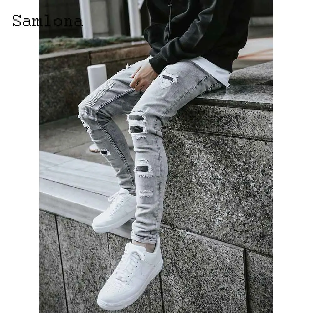 2025 الرجال هول ممزق الجينز نحيل الدنيم السراويل ربيع الخريف موضة المسامير بنطلون الرجال عادية الشارع قلم رصاص ديمين السراويل جديد #4