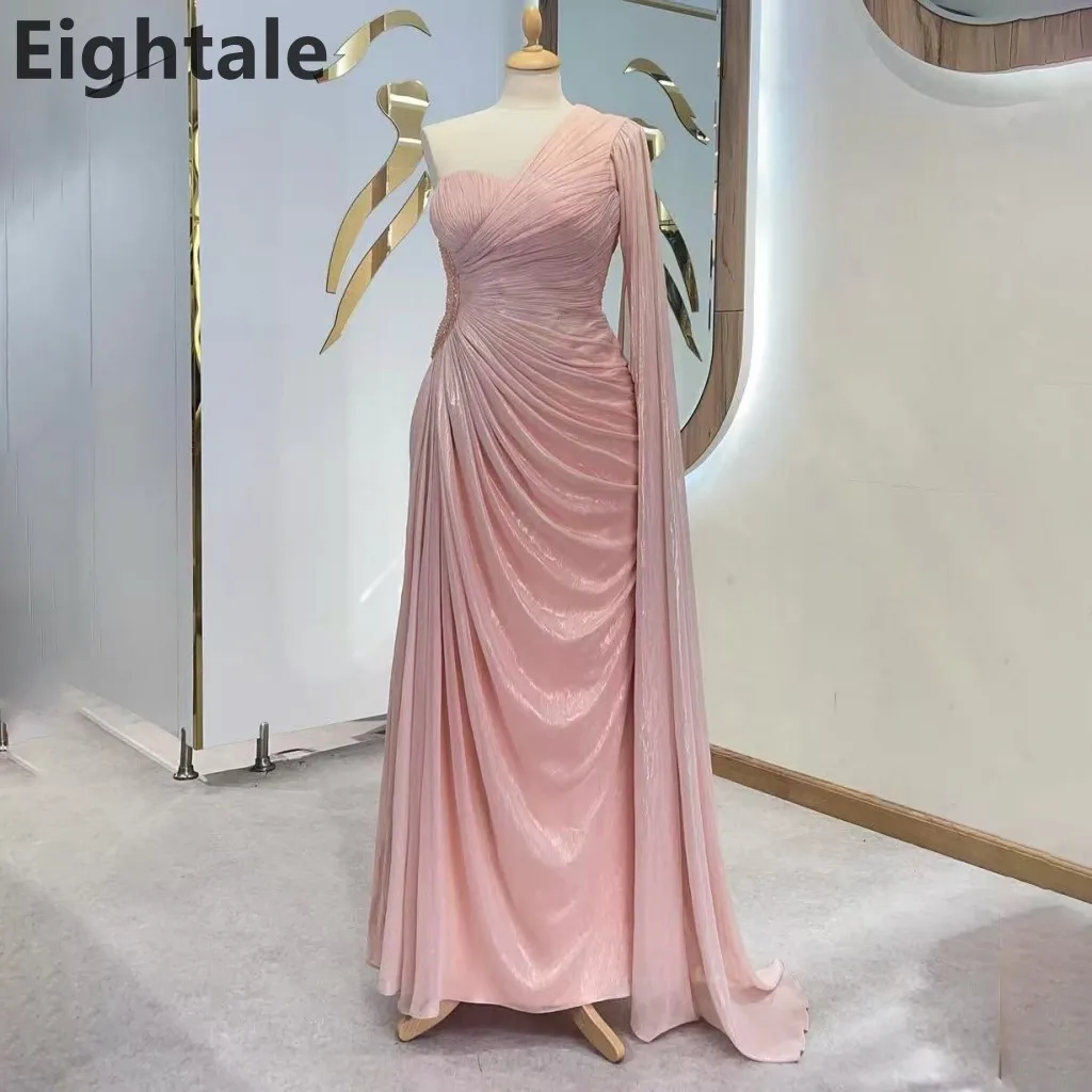 

Eightale 2025 Pink A Line One Shoulder Silk Satin Pleated Evening Dress Saudi Arabic Prom Dress Dubai Party Gown Customized
