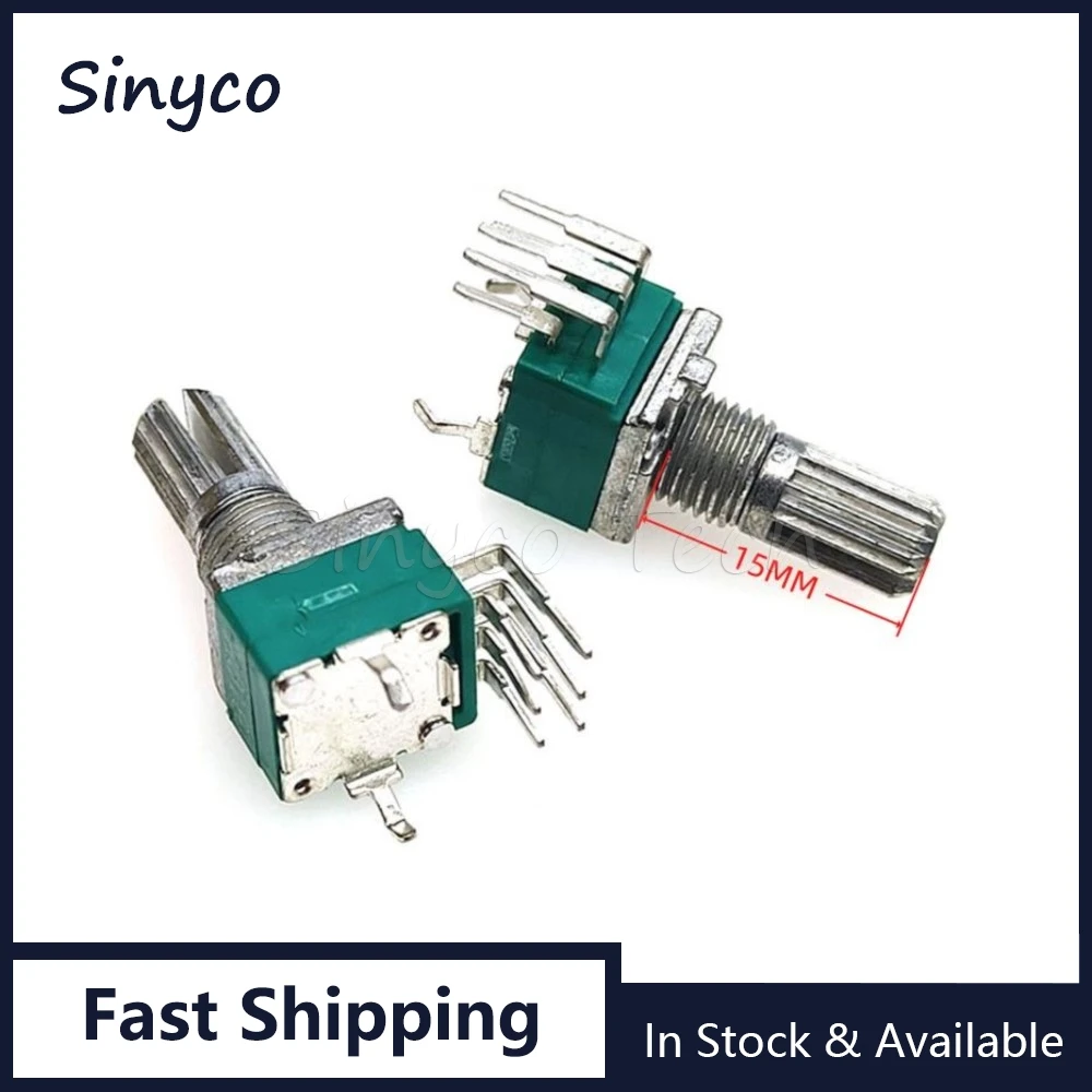 5PCS Dual Vertical RK097G Sealed Potentiometer B 5K 10K 20K 50K 100K Ohm Audio Volume Bent Foot 6Pin Flower Shaft Length 15mm