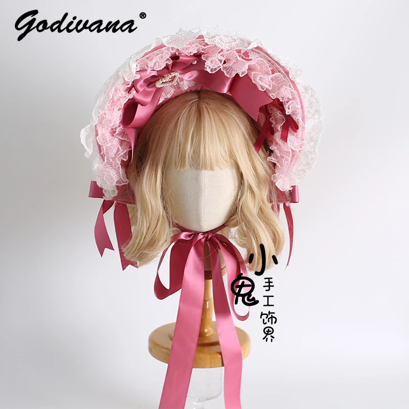 Magnifique poupée dentelle nœud Bonnet rose Bnt haut-de-forme dentelle bandeau fille femmes doux Cosplay chapeaux Lolita couvre-chef