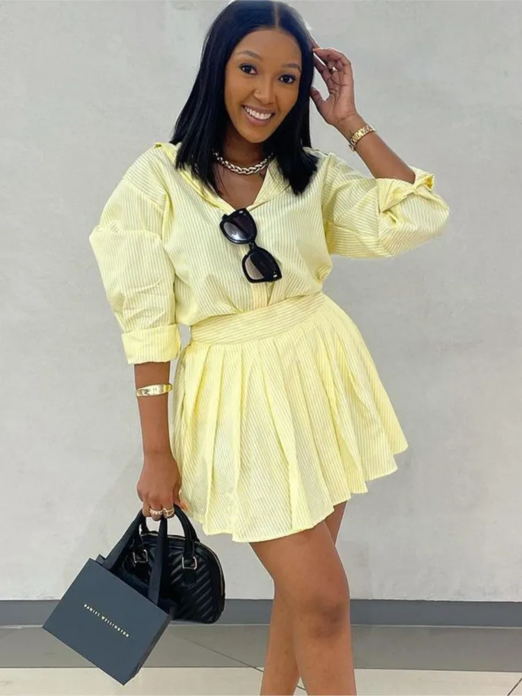 Fashion Striped Two-piece Set Women Summer Casual Comfort Solid Color Loose Button Long Sleeved Shirt Skirt Short Skirt 2 Sets