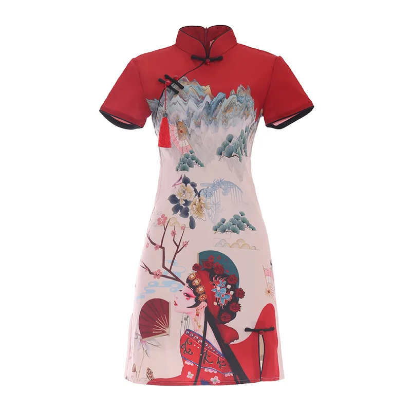 Chinese Style Cheongsam A-line Dress Women Short Sleeve Qipao Traditional Chinese Clothes