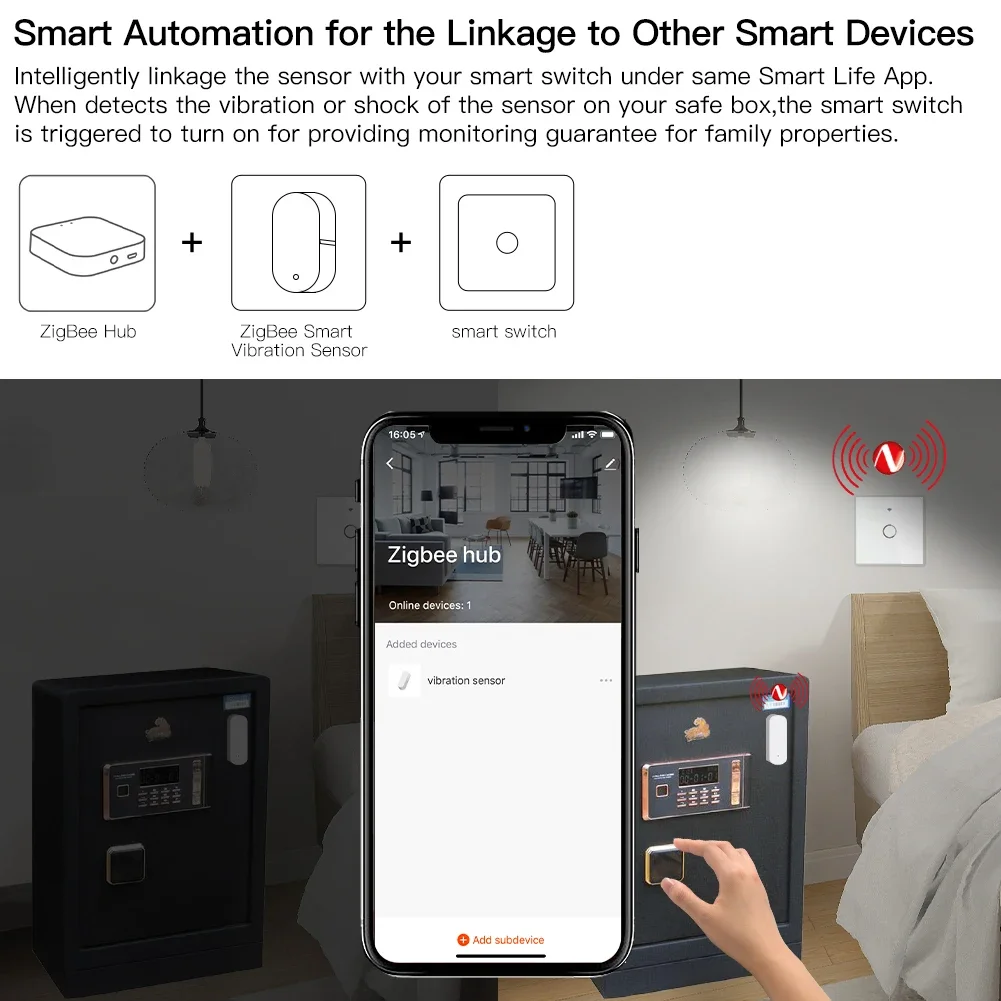 MOES Zigbee 스마트 진동 센서 감지, Tuya 스마트 라이프 앱 알림, 실시간 모션 충격 알람, 기록 기록