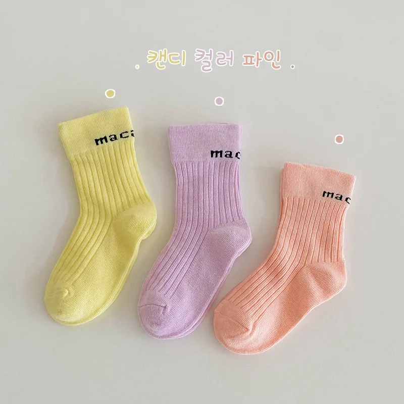 3 Pairs Spring Candy Color Socks Kids Soft Solid With Letters For Little Girls And Boys Child Baby Infant Cotton Sock