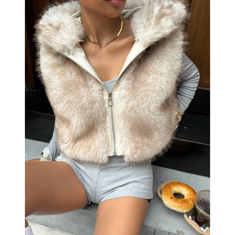 

OFTBUY Женская безрукавка из искусственного меха, пушистая куртка, меховой жилет, короткое пальто из искусственного меха для осени и весны