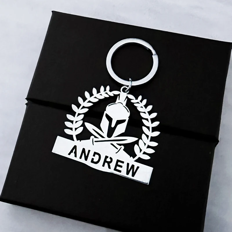 Custom Roman Warrior Helmet Name Keychain Wheat Wreath Pendant Keyring For Men Stainless Steel For Birthday Personalized Gift