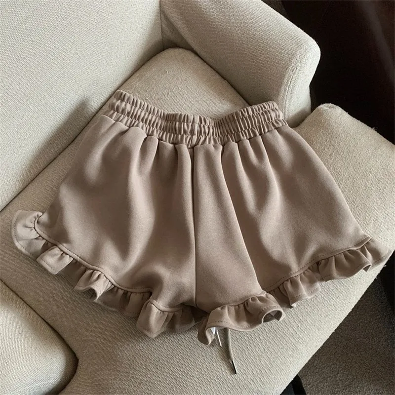 Summer Wood Ear Edge High Waisted Casual Wide Leg Drawstring Sports Shorts For Women