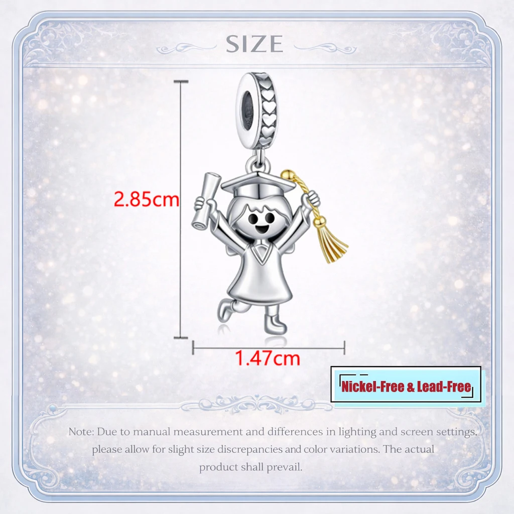 2026 Graduation Charm Beads Cap Diploma Student Pendant fit Pandora  Original Bracelet Necklace Women Gift Silver Plated Copper - view 3