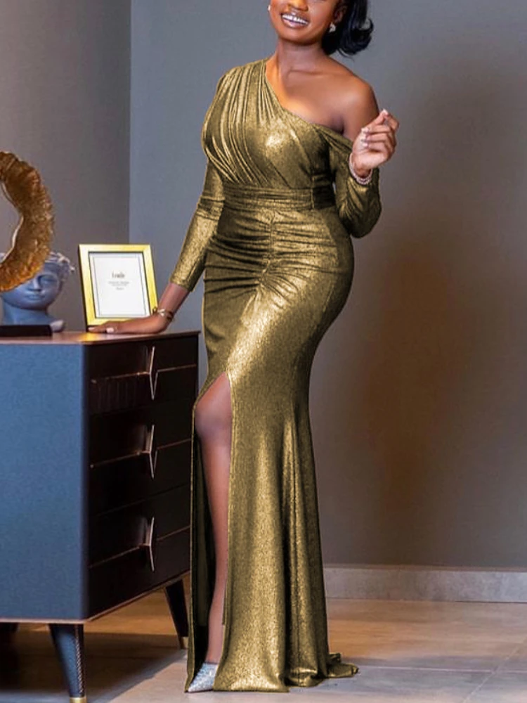 Even Dress Women Long Luxury Gold Metallic Bare Shoulder Long Sleeve Thigh High Slit Smocked Maxi Gowns Party Evening Celebrity