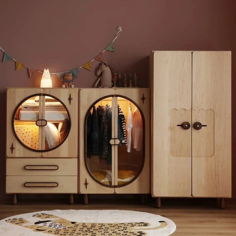 Armario nórdico totalmente de madera maciza para niños, armario de dormitorio, colección de almacenamiento combinada multifuncional