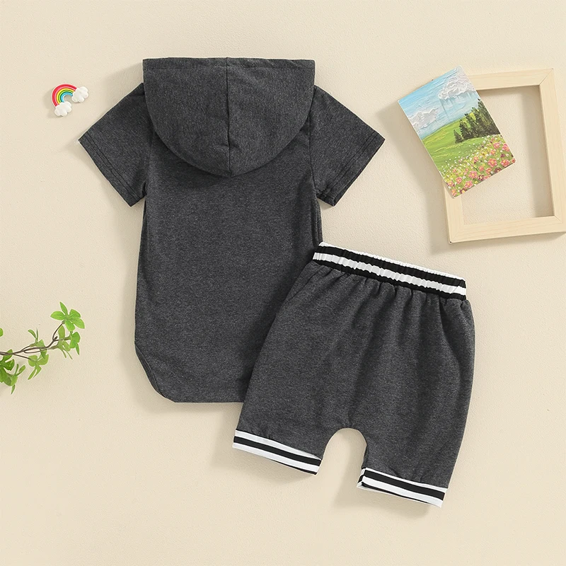 

Baby Boys Summer Shorts Sets Short Sleeve Letter Print Hooded Romper and Casual Shorts Sets