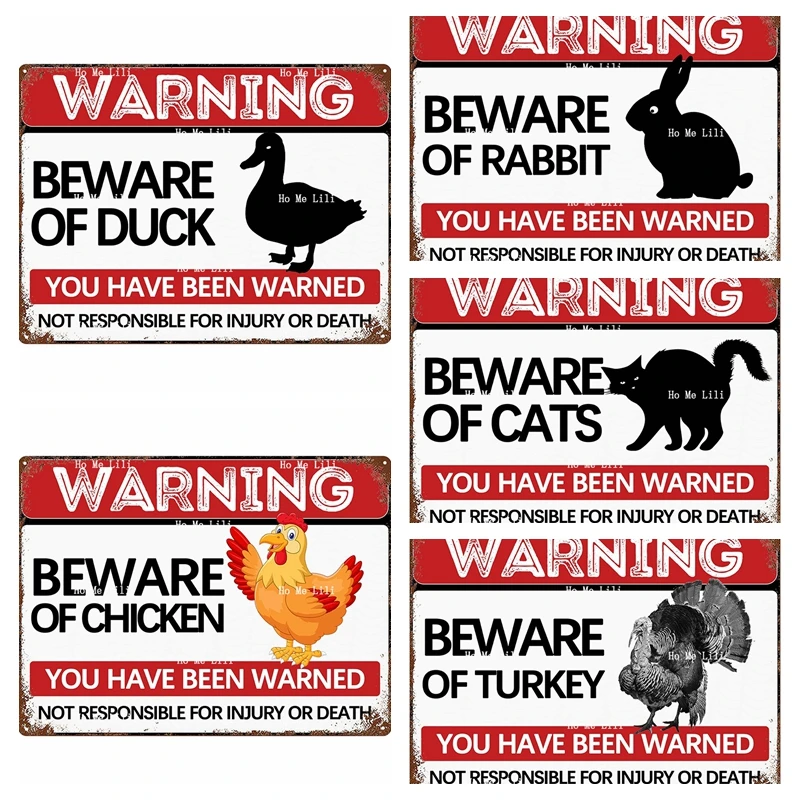 Beware Of Chicken Duck Cat Rabbit Turkey Vintage Rusty Metal Poster Animal Warning Signs For Outdoor Yard Fence Decor