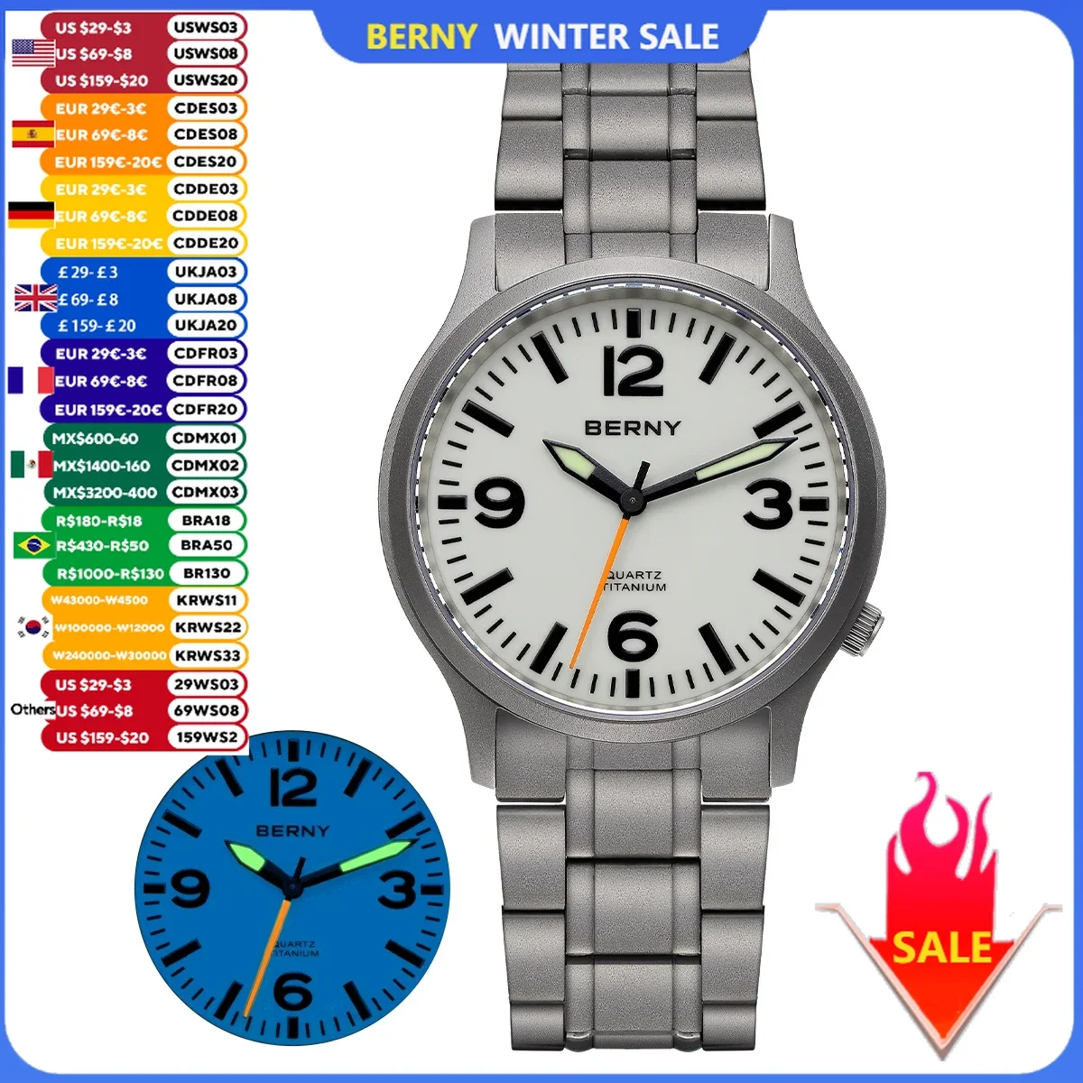 BERNY Titanium Watches for Men Super Luminous Dial Sapphire Homage Outdoor Sports Field Quartz Watch Lightweight 5ATM Easy Read