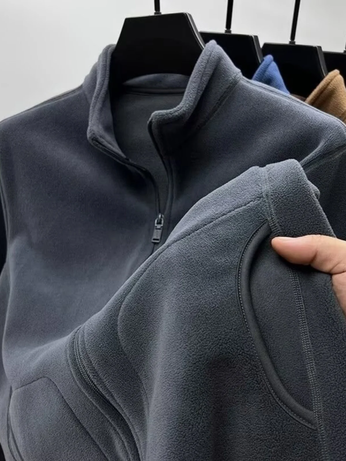 Thickened Double-sided Fleece Men's Open Cardigan Sweatshirt Pure Color Winter Warm Casual Stand Collar Jacket Zipper Closure