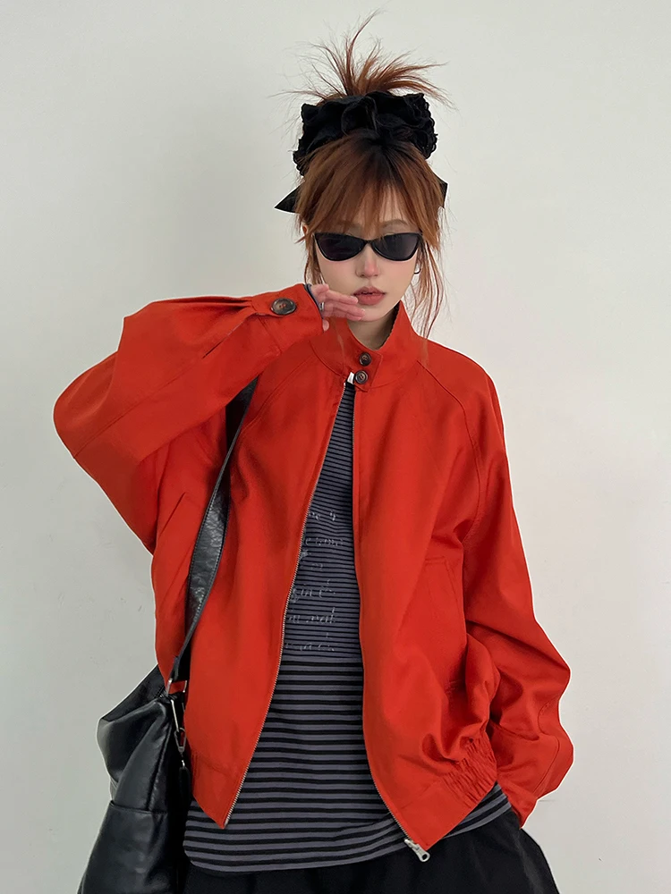 YERMORA Red Reversible Zipper Brief Casual Jacket For Women Lapel Long Sleeve Loose New Coat Fashion Tide Spring Autumn 2025