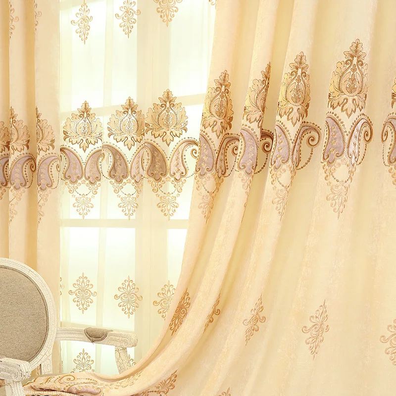 Custom Upscale Chenille European water-soluble embroidered beige cloth blackout curtain tulle valance drape C1804